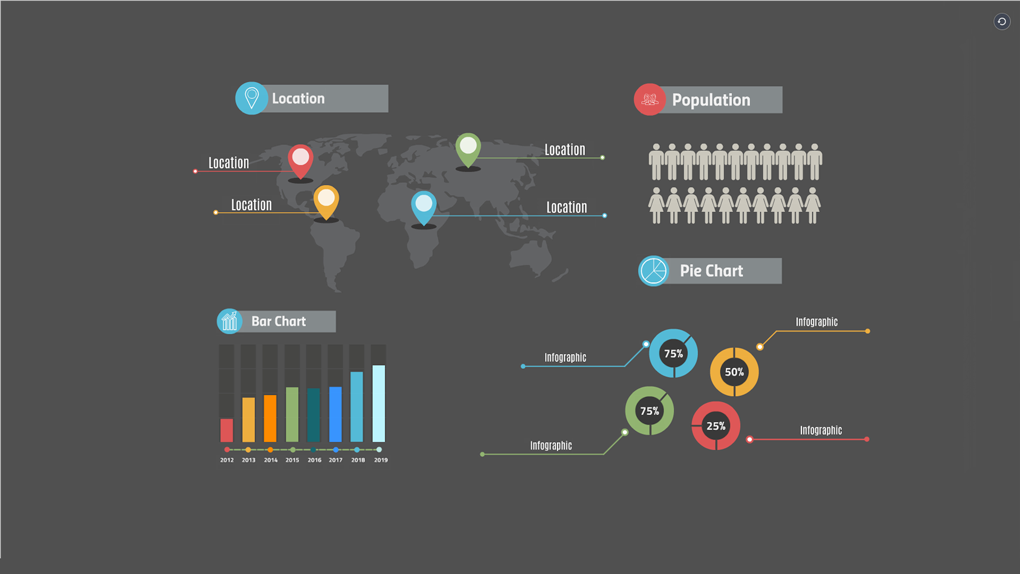 Infographics layout on a dark background Prezi template